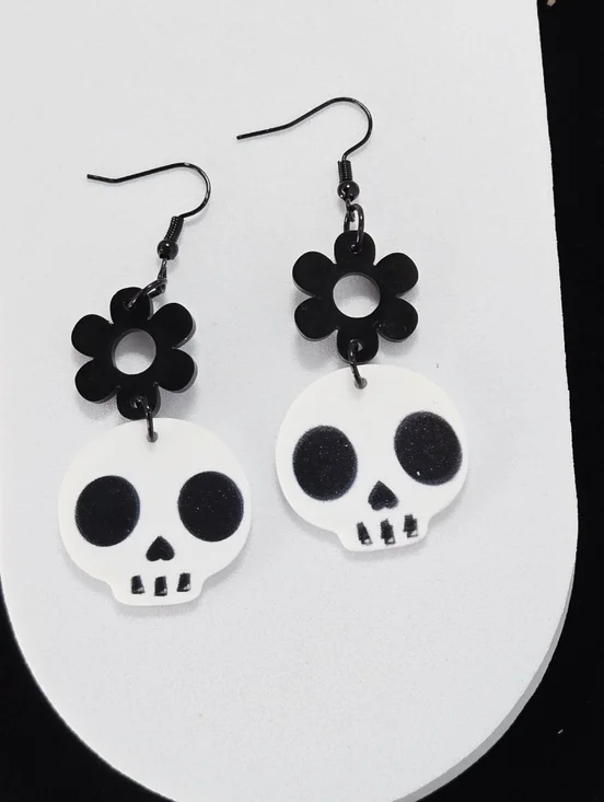 Skull Daisy Earrings Black White Gothic Floral Playful Edgy Dangle Statement - Picture 3 of 4